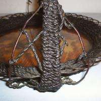 ANTIQUE VICTORIAN WOVEN WICKER BASKET PYROGRAPHY TRAY  