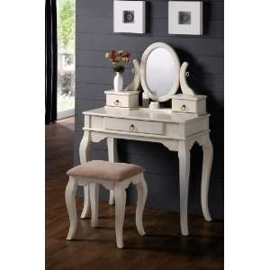  Vanity and Stool Set with Oval Mirror in Antique White 