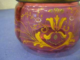 vtg Antique Victorian Enamel Cranberry Glass Pickle Jar w/ Silver 