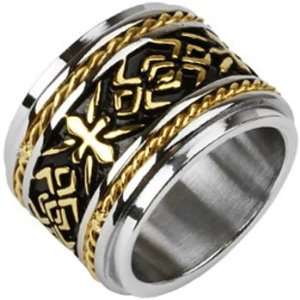   11  Spikes Mens Stainless Steel Tribal Gold IP Cross Wide Band Ring